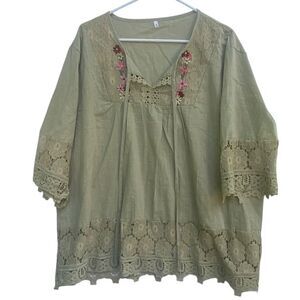 Boho Green Crochet Lace Tunic Top 5XL Floral Embroidered Peasant Blouse Dress